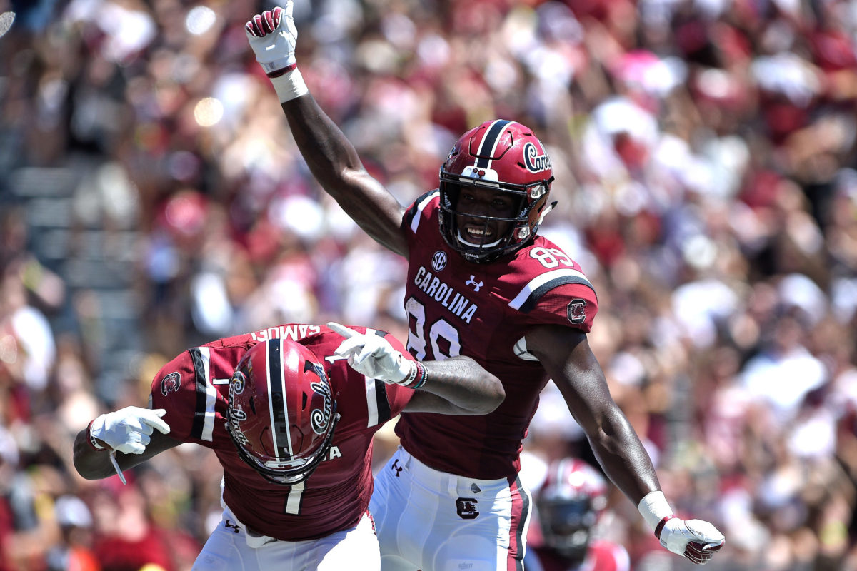 South Carolina football players celebrating during a college football game.