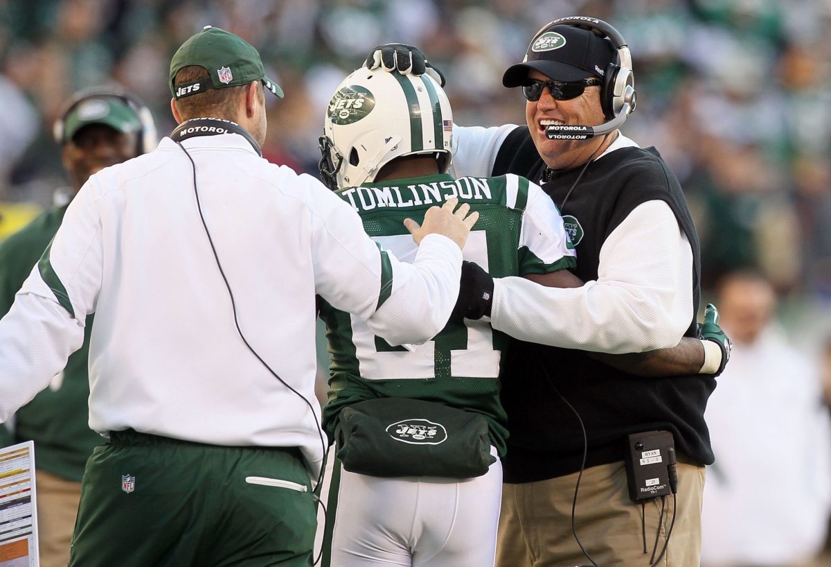EAST RUTHERFORD, NJ - DECEMBER 11:  (NEW YORK DAILIES OUT)  Head coach Rex Ryan of the New York Jets congratulates LaDainian Tomlinson #21 after his touchdown against the Kansas City Chiefs on December 11, 2011 at MetLife Stadium in East Rutherford, New Jersey. The Jets defeated the Chiefs 37-10.  (Photo by Jim McIsaac/Getty Images)