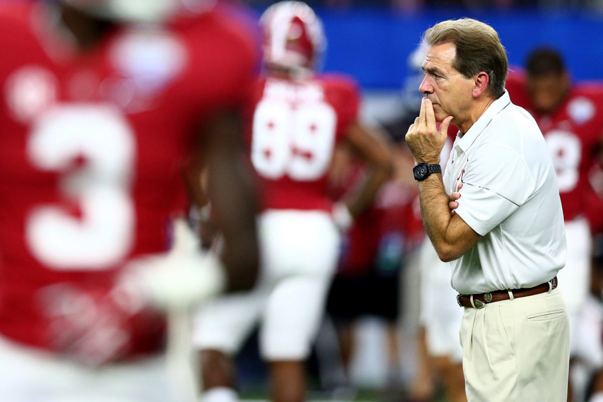 Head coach Nick Saban of the Alabama Crimson Tide on the field before taking on the Michigan State Spartans.