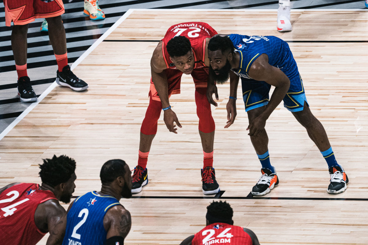 James Harden and Giannis of the Milwaukee Bucks at the NBA All-Star Game.