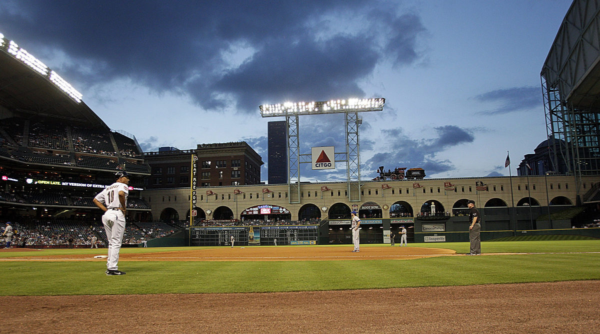 A general view of the Houston Astros' stadium from field level.
