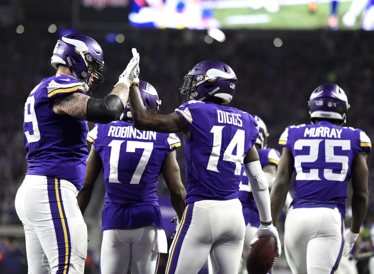 Minnesota Vikings wide receiver Stefon Diggs reacts after scoring the game  winning touchdown against the New Orleans Saints in the second half of the  NFC Divisional round playoff game at U.S. Bank