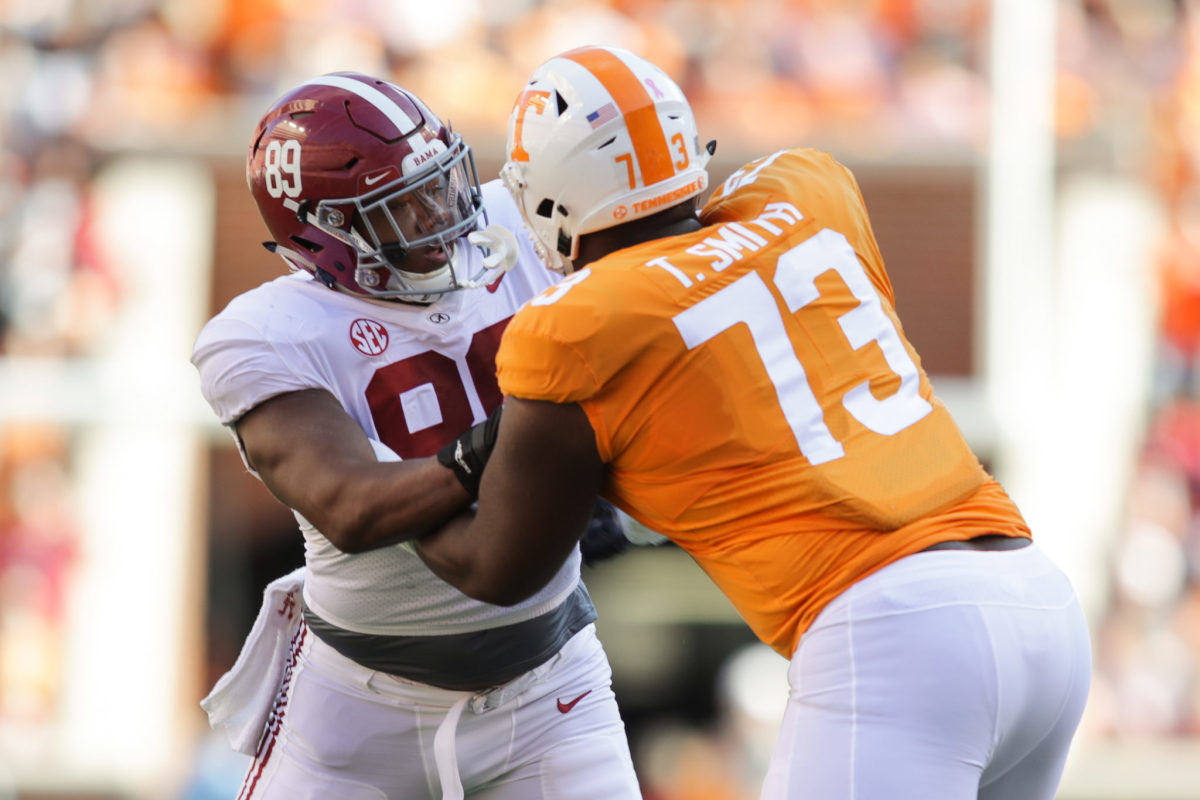 Tennessee offensive tackle Trey Smith, a top NFL Draft prospect, protecting his QB.