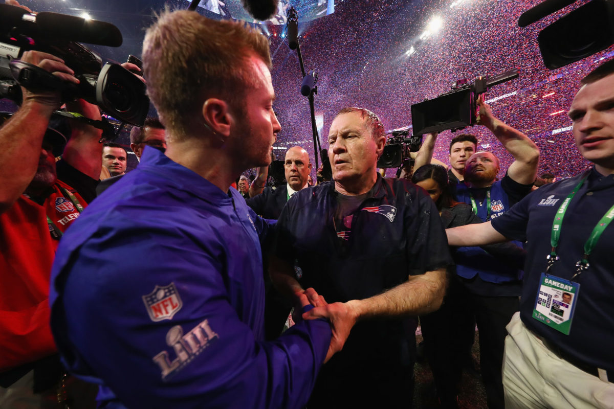 Sean McVay and Bill Belichick shake hands after the Super Bowl.