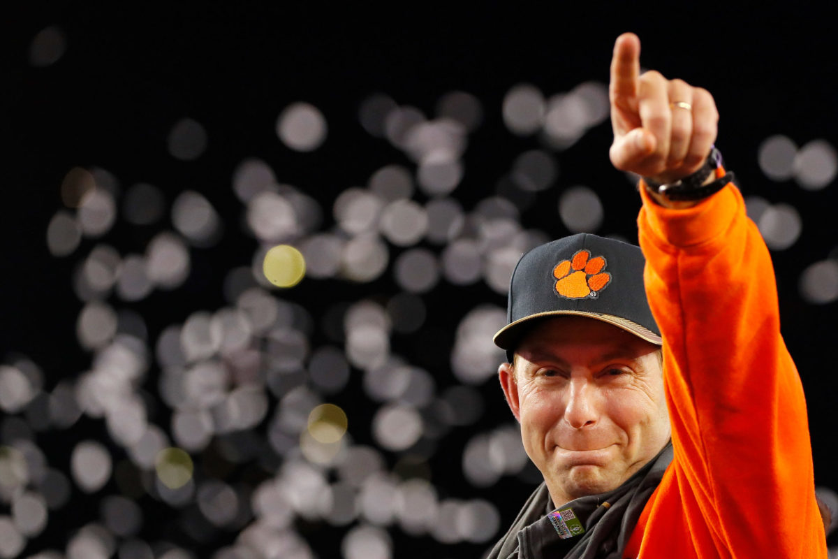 Head coach Dabo Swinney of the Clemson Tigers reacts after defeating the Alabama Crimson Tide 35-31 to win the 2017 College Football Playoff National Championship Game.