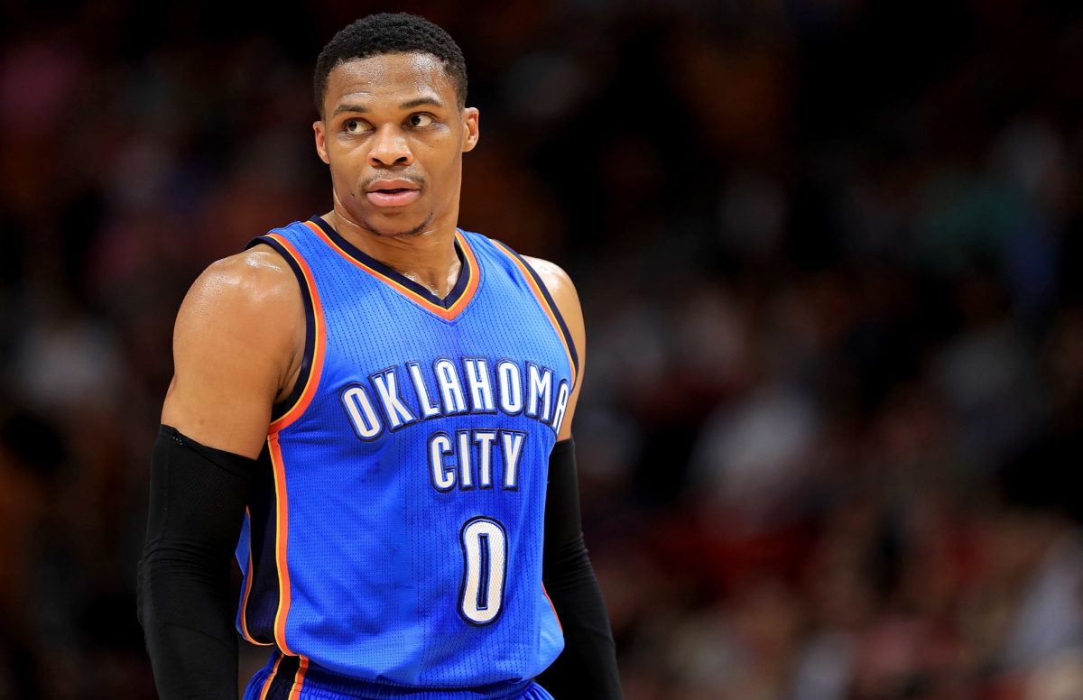 A closeup of Russell Westbrook in an Oklahoma City Thunder uniform.