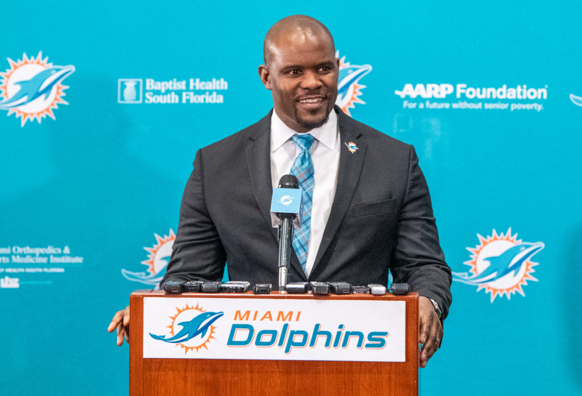 Brian Flores speaking to the media after being named the Miami Dolphins head coach.