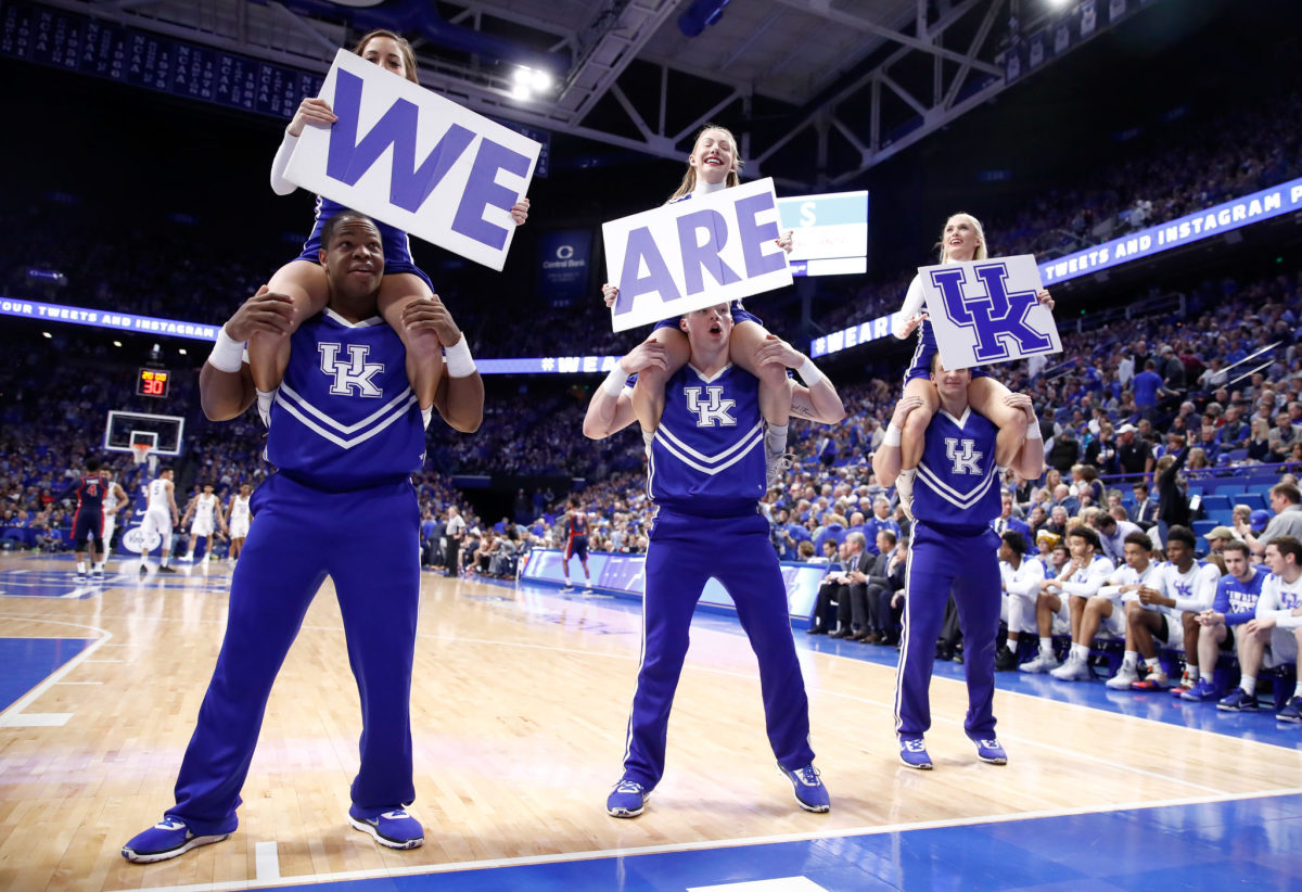 Kentucky Wildcats cheerleaders perform during the game against the Ole Miss Rebels at Rupp Arena.