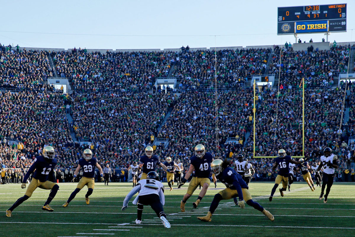 a wide shot of notre dame football's stadium