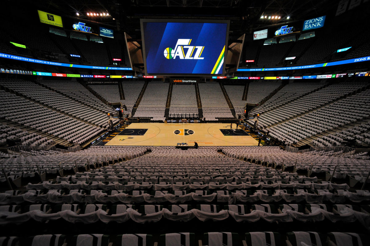 A view of the seats in an empty Utah Jazz arena.