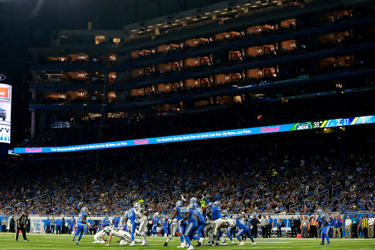 A view of a New York Jets field goal during a game against the Detroit Lions.