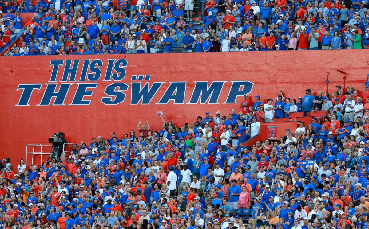 A wall in the Florida Gators football stadium that reads "This is the swamp."