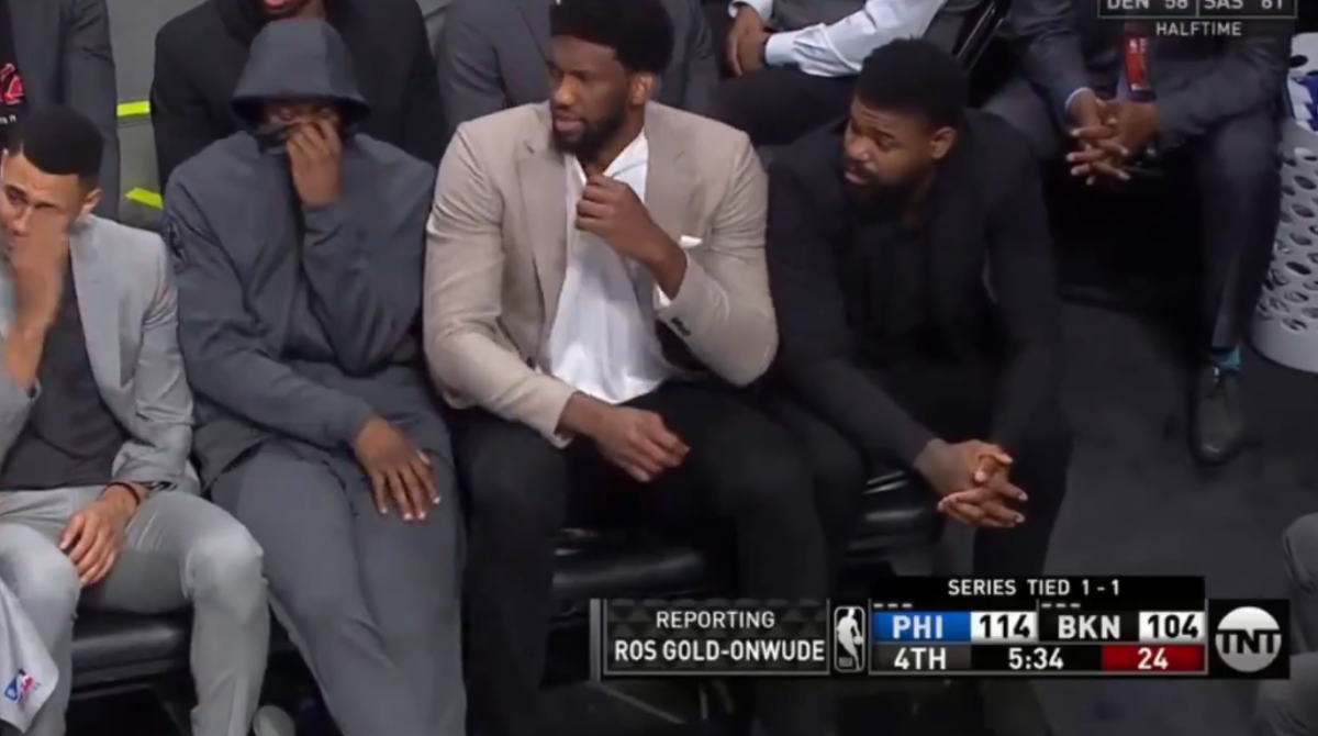 Philadelphia 76ers players react to bad smell on bench.