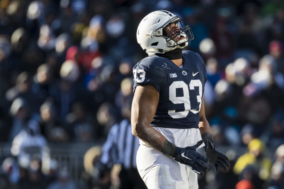 PJ Mustipher reacts to a play during Penn State football vs. Wisconsin.