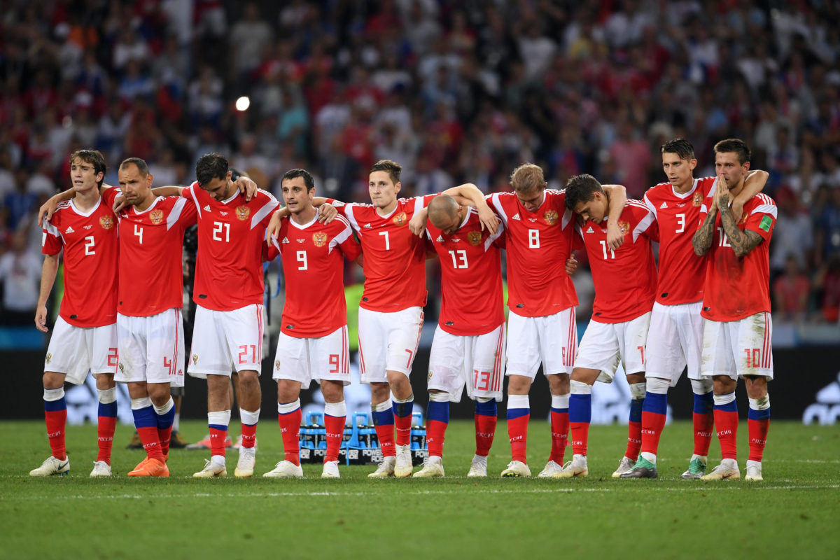 Russia national soccer team plays in the World Cup.