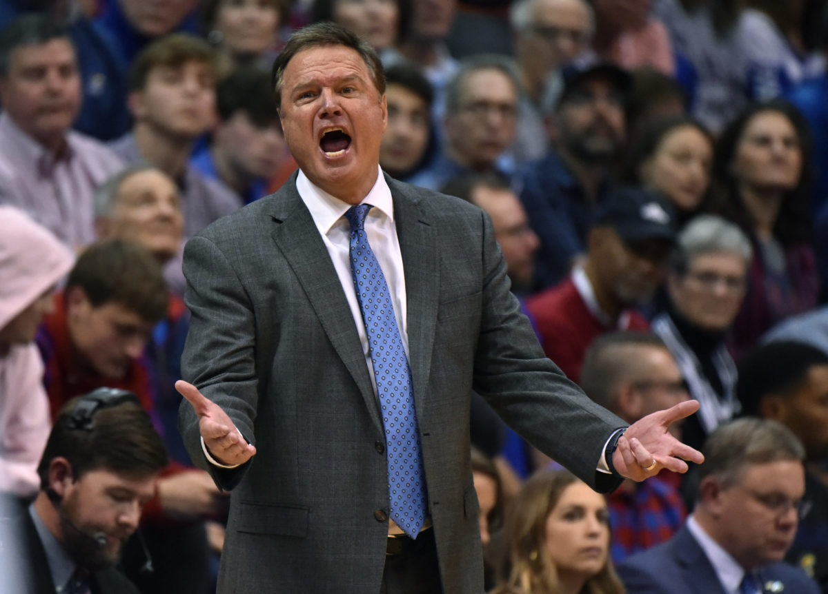 Bill Self on the sideline of a Kansas basketball game in 2019.