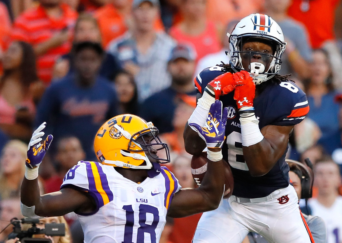 Tony Stevens #8 of the Auburn Tigers fails to pull in this touchdown reception against Tre'Davious White #18 of the LSU Tigers at Jordan-Hare Stadium.