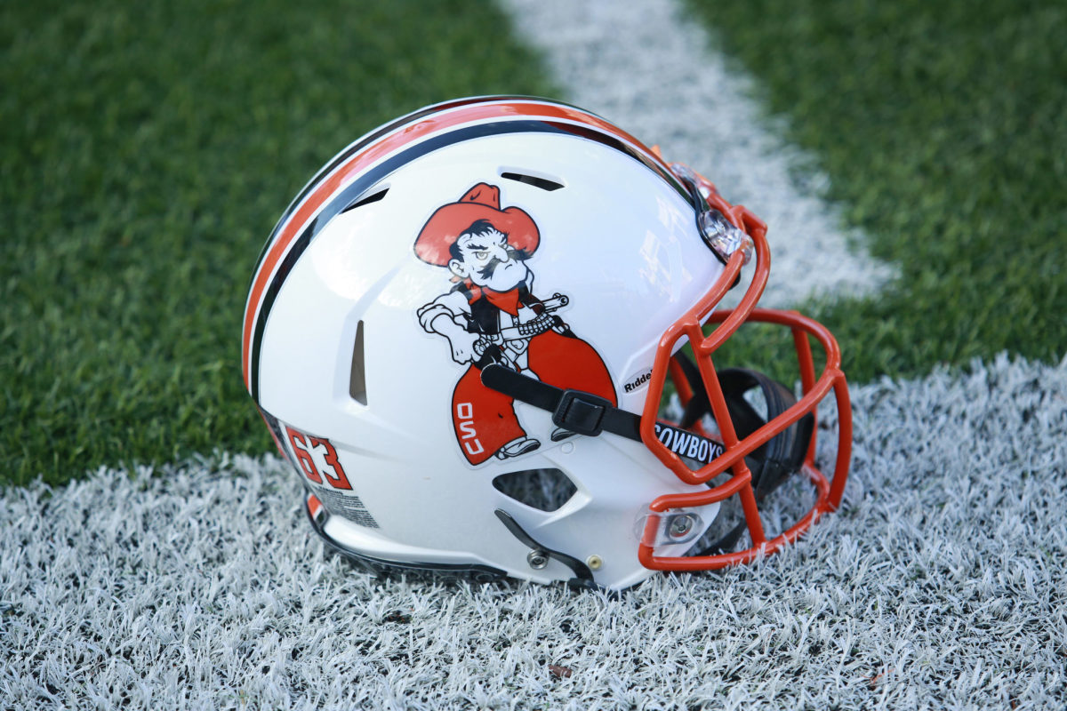 A closeup of an Oklahoma State football helmet.