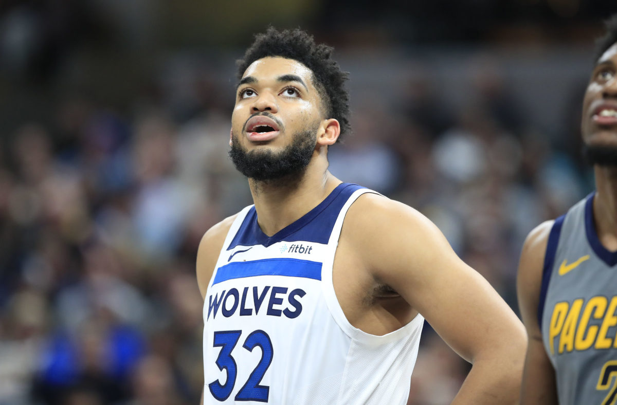 A closeup of Karl-Anthony Towns during a game.