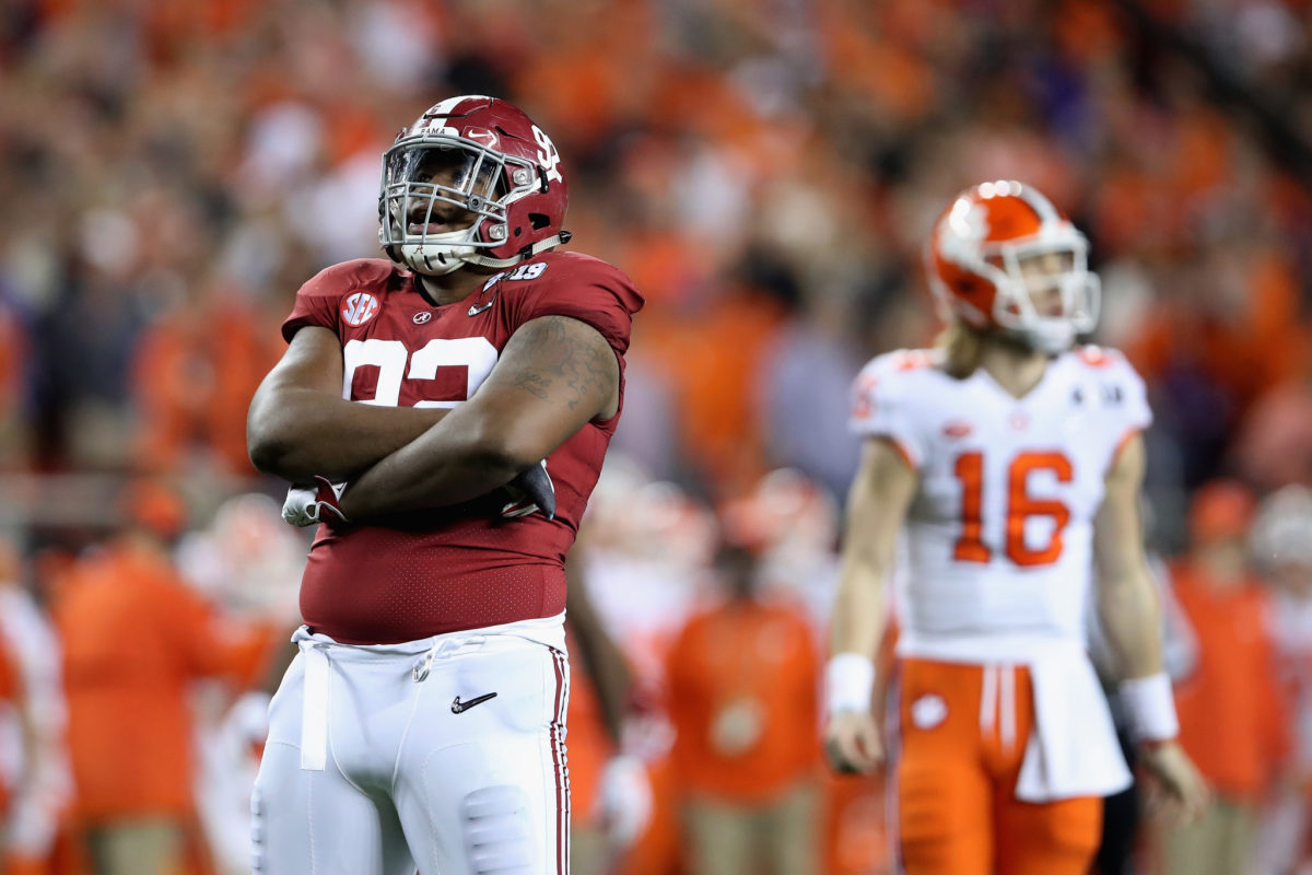 Quinnen Williams celebrates a play during Alabama-Clemson.