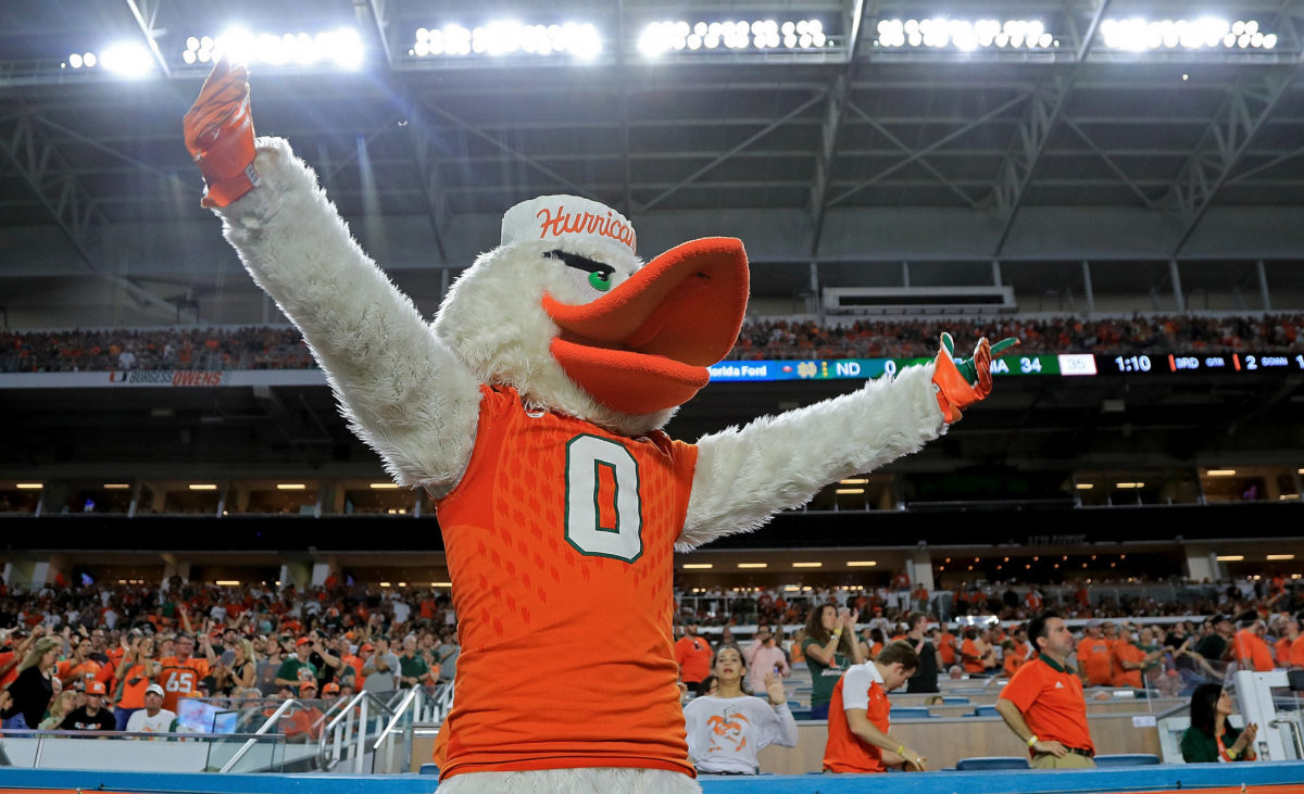 The Miami Hurricanes mascot pumping up the crowd.