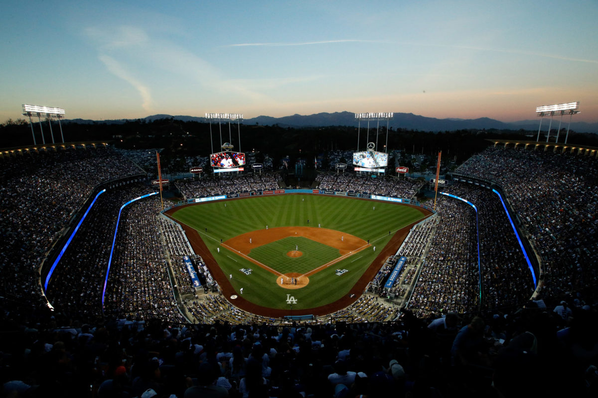 A general view of Dodger stadium at dusk.