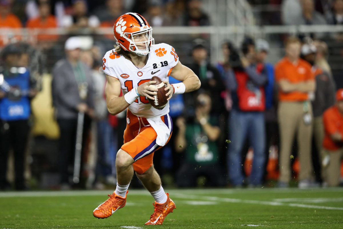 Trevor Lawrence drops back to pass for the Clemson Tigers.