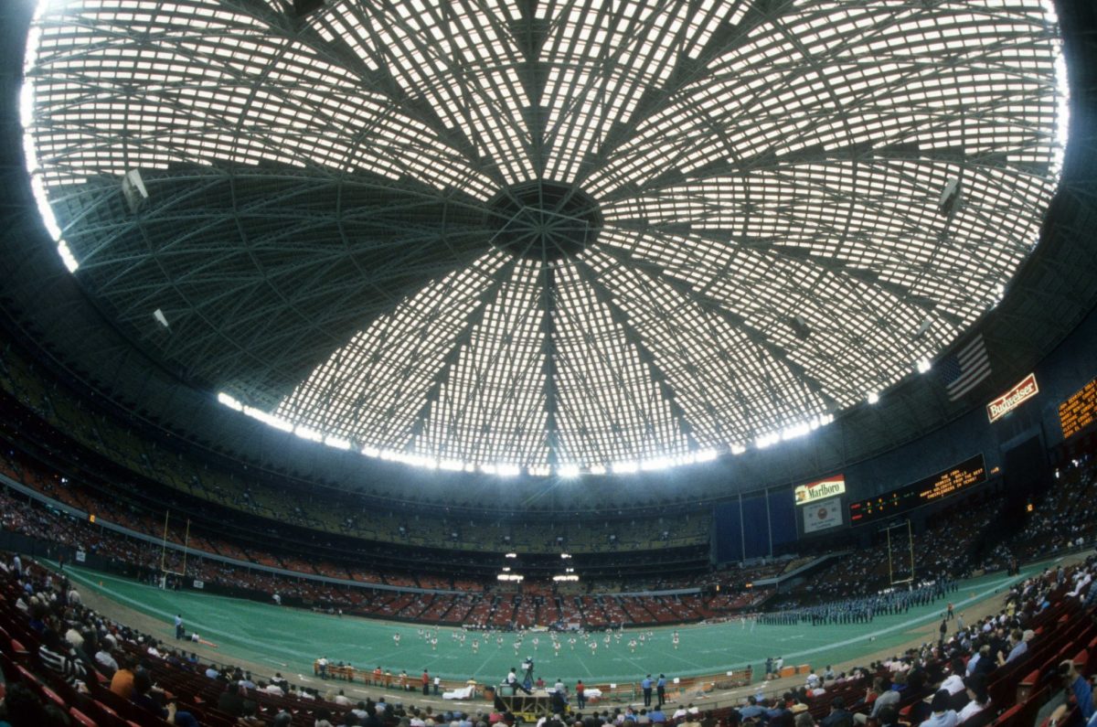 A bird's eye view of the Houston Astrodome at an Oilers game.