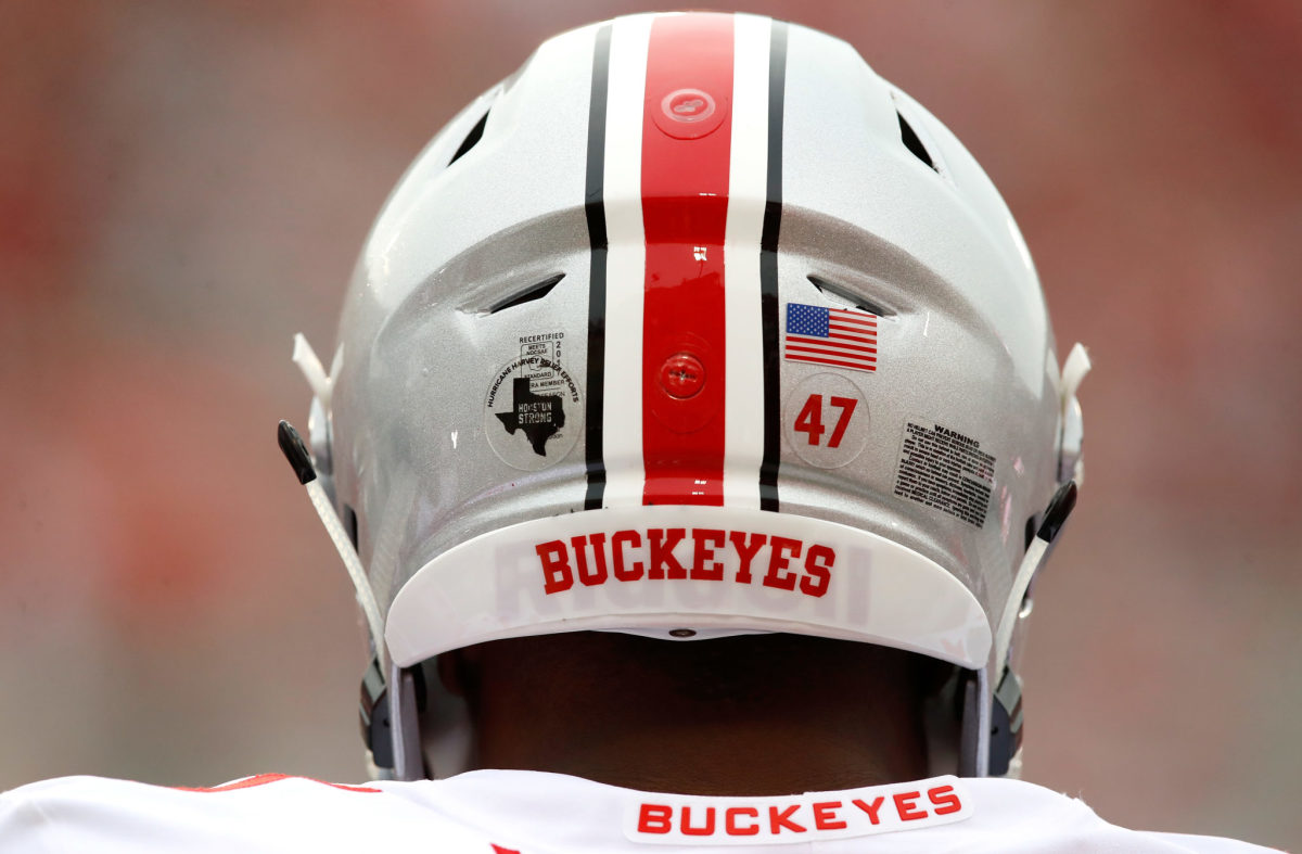 A closeup of an Ohio State Buckeyes football helmet.