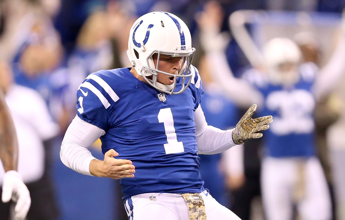 Pat McAfee celebrates an Adam Vinatieri field goal for the Indianapolis Colts.