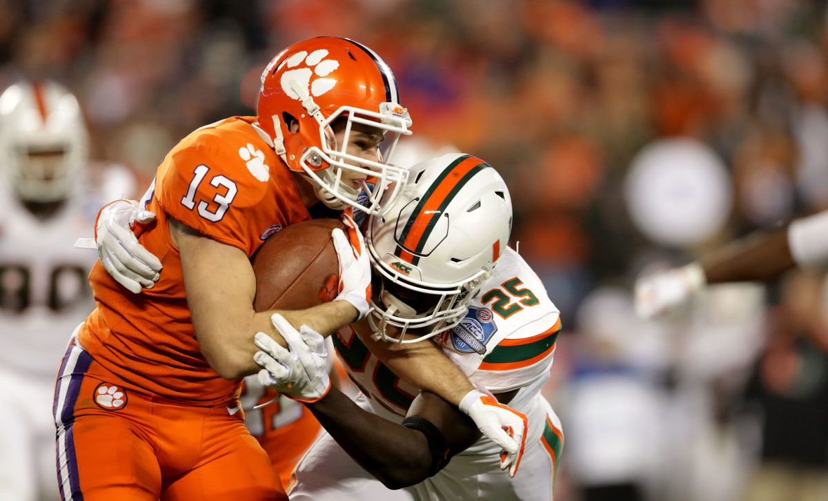 Derrick Smith tackles Hunter Renfrow in the ACC Championship.