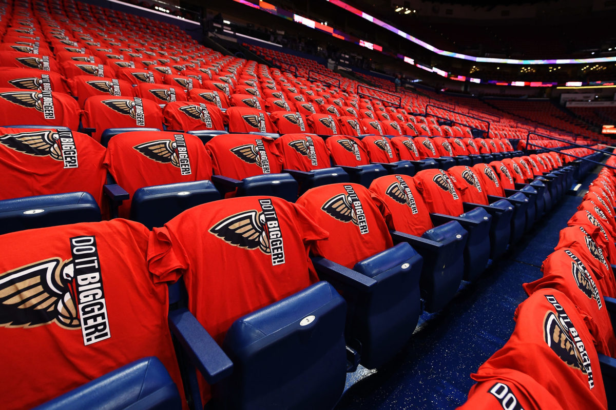 A picture of New Orleans Pelicans playoff t-shirts on seats.