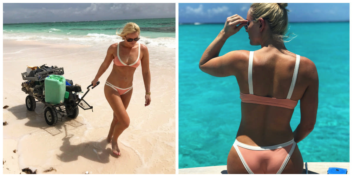 Lindsey Vonn picks up trash on a beach in the Bahamas.