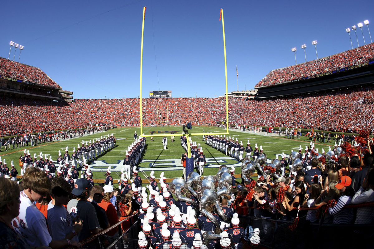 A view of Auburn's stadium from behind the goal post.