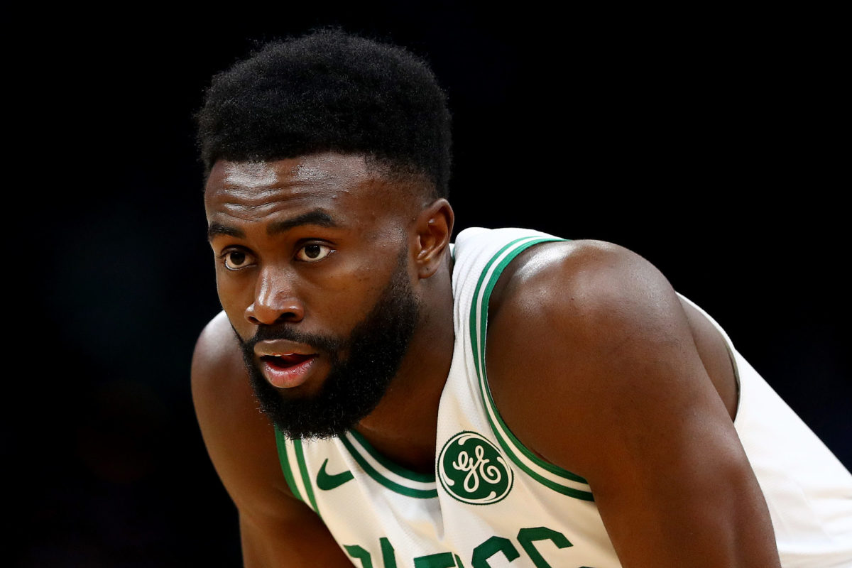 A closeup of Boston Celtics forward Jaylen Brown.