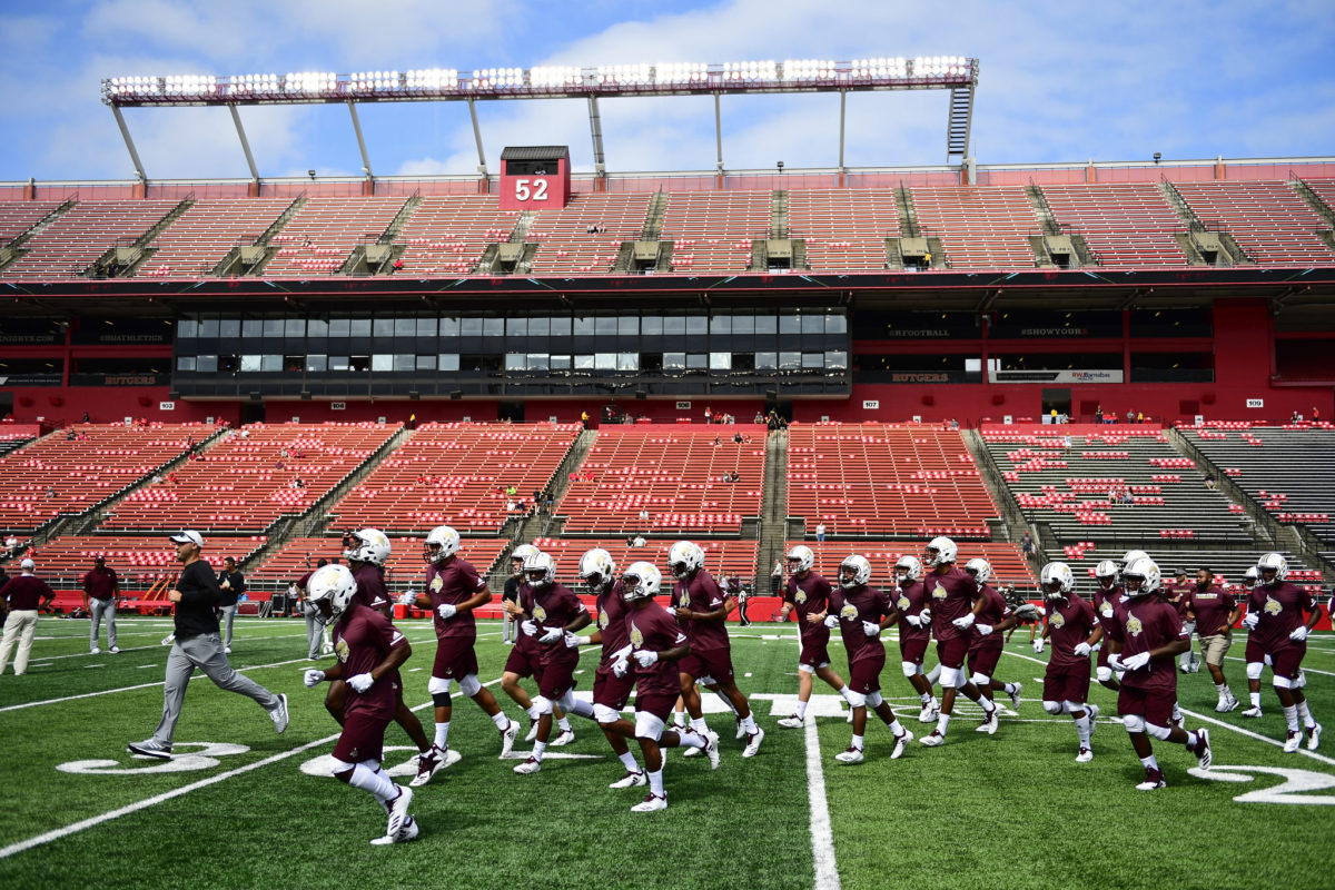 Texas State football players ahead of 2018 game at Rutgers.