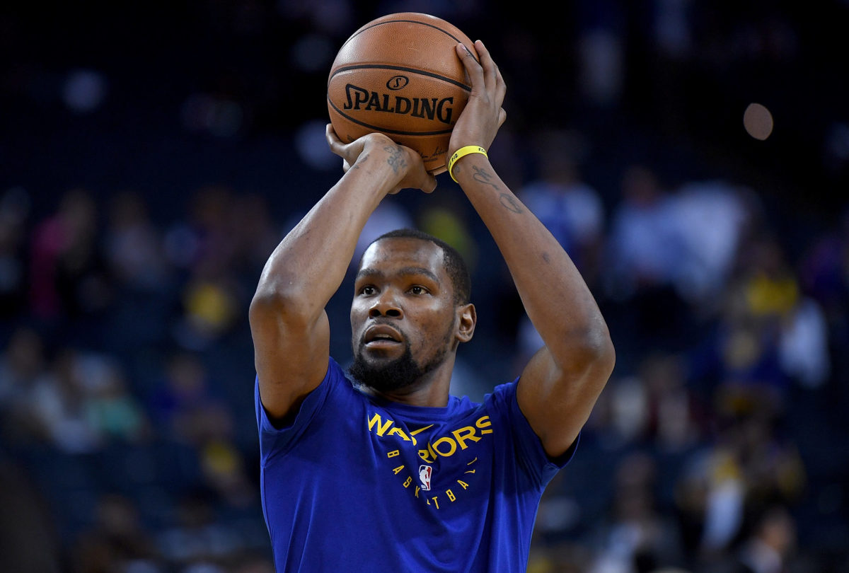 Kevin Durant shooting the ball during warmups.
