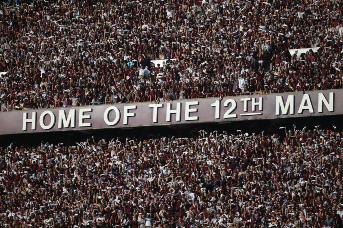 A view of the "Home Of The 12th Man" sign in Texas A&M's college football stadium.