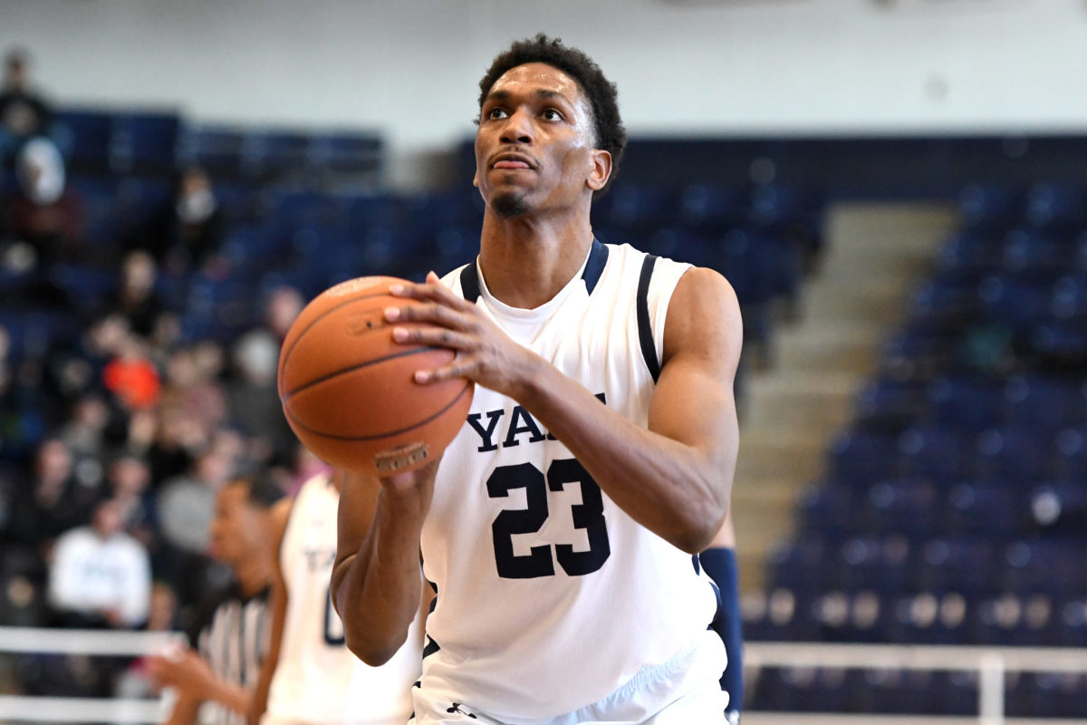 Jordan Bruner attempts a free throw during a game for Yale.