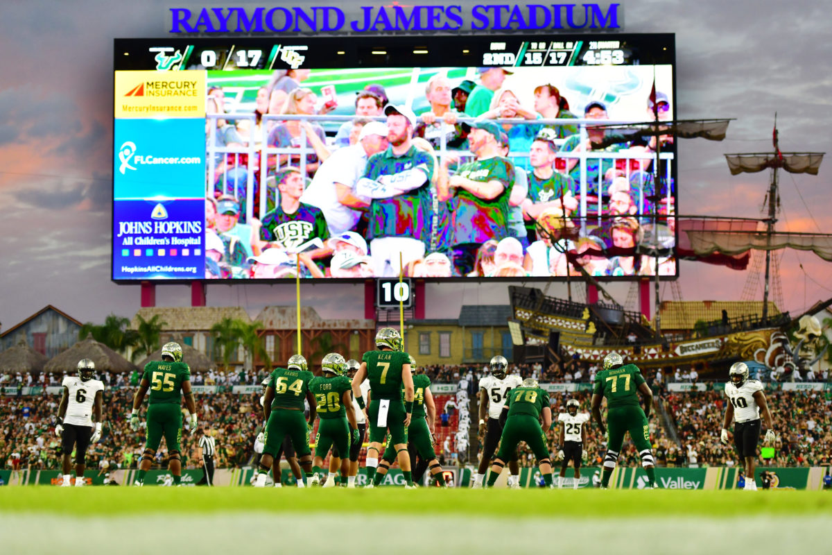 A ground level shot of Raymond James Stadium during a USF game.