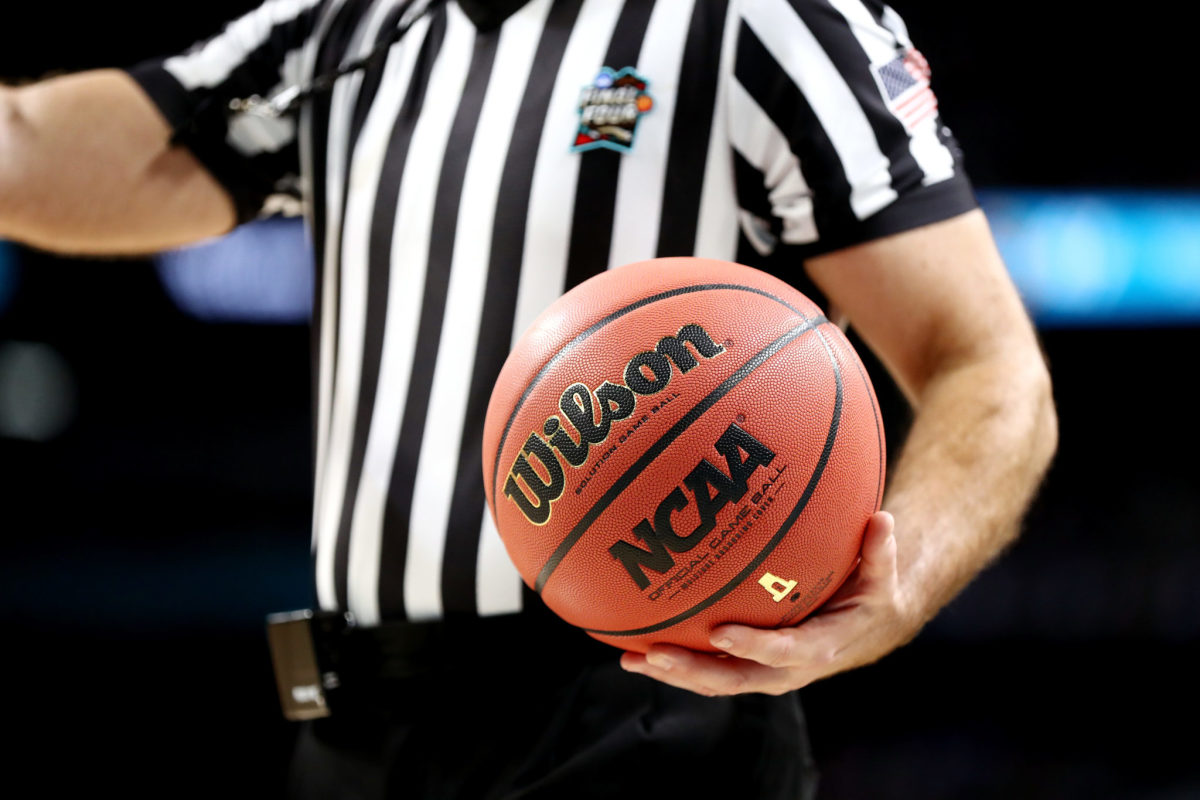 A view of the official NCAA Wilson Basketball during the 2018 NCAA Men's Final Four Semifinal between the Michigan Wolverines and the Loyola Ramblers at the Alamodome.
