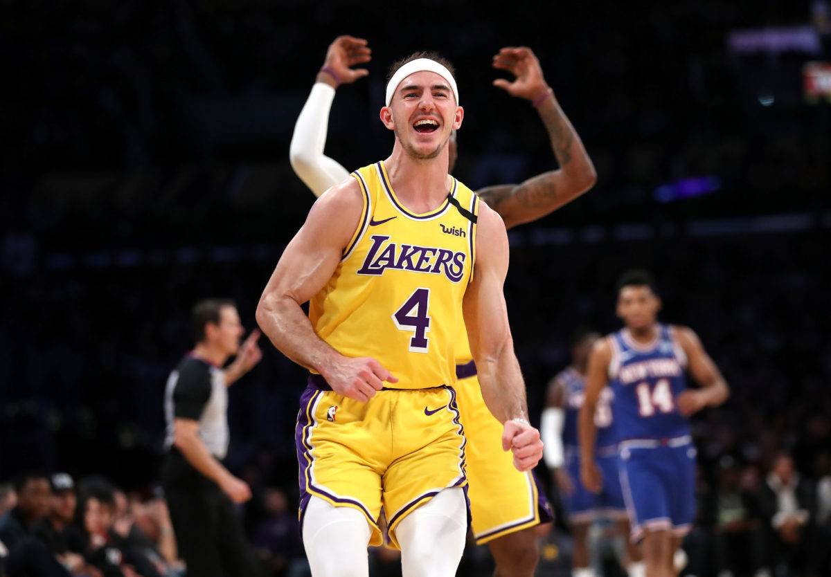 The Lakers' Alex Caruso celebrates during a game against the Knicks.