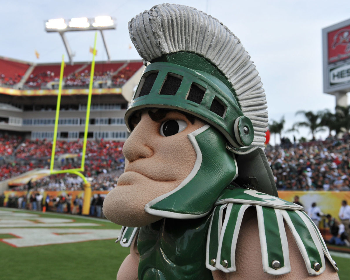 A closeup of Michigan State's mascot during a football game.