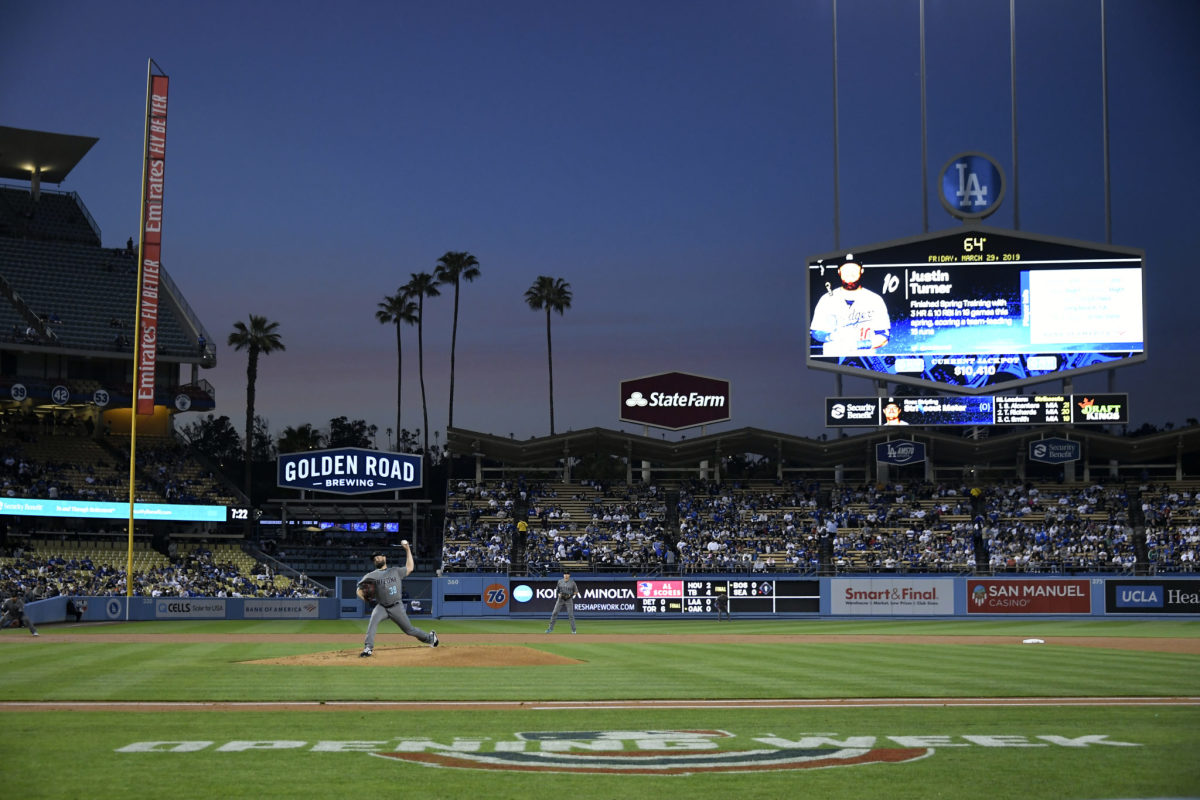A view of Dodger Stadium during a game.