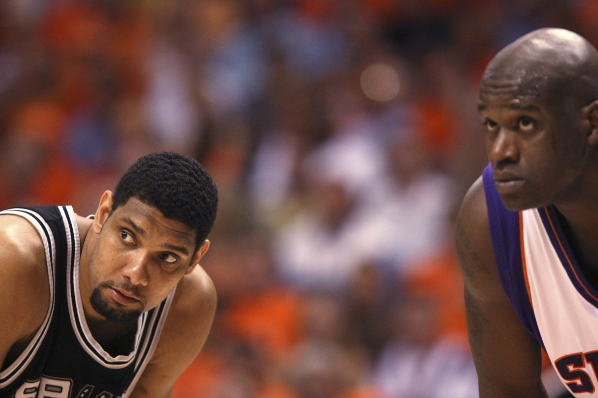 Shaquille O'Neal and Tim Duncan during a Spurs vs. Suns game.