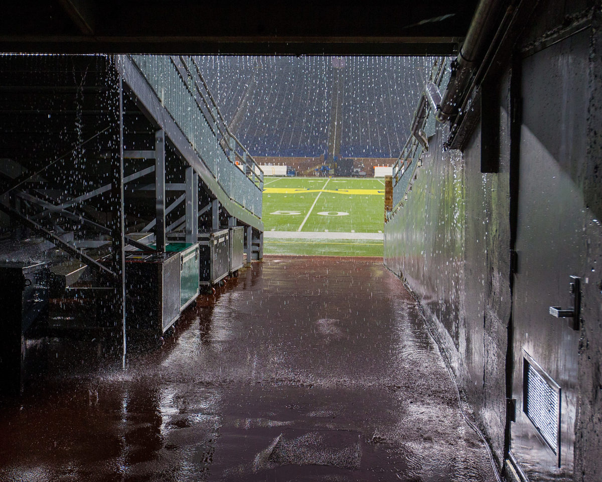 A view of Michigan's football field from the tunnel.