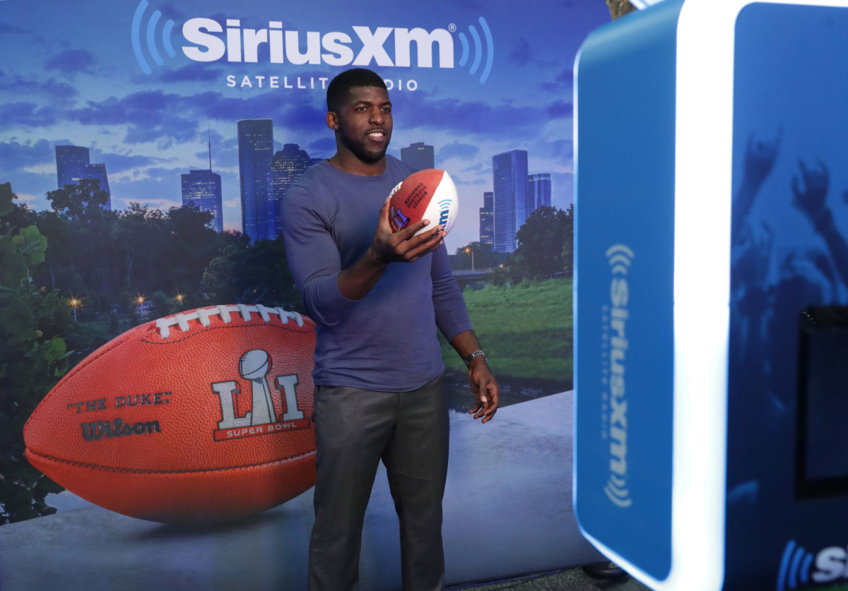 College football analyst and The Bachelor aftershow host Emmanuel Acho at SiriusXM event ahead of Super Bowl.