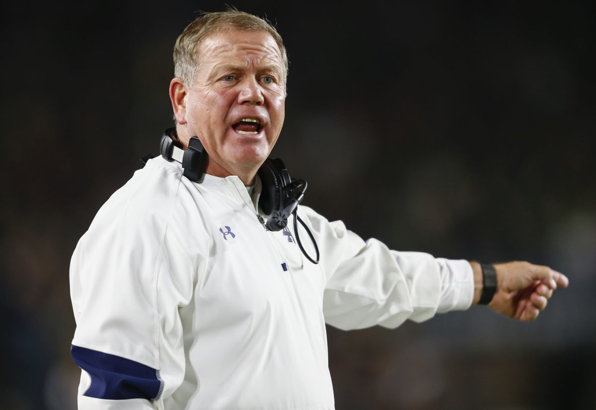 A closeup of Brian Kelly during a Notre Dame football game.