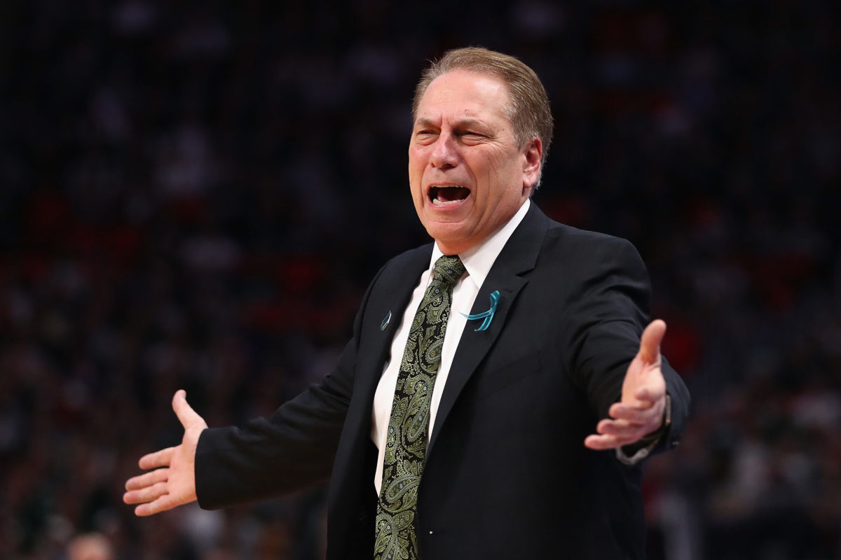 A closeup of Tom Izzo reacting during a Michigan State Spartans game.