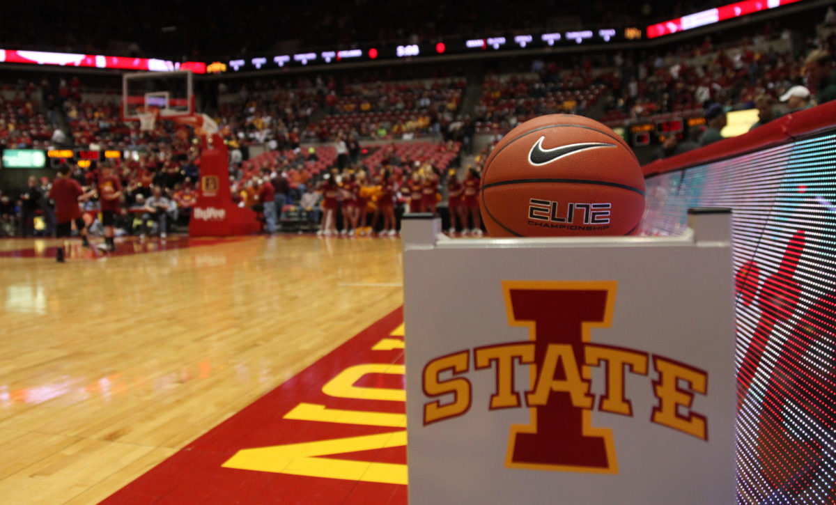 A Nike logo is visible on a basketball before the match-up between the Iowa State Cyclones and the Baylor Bears.
